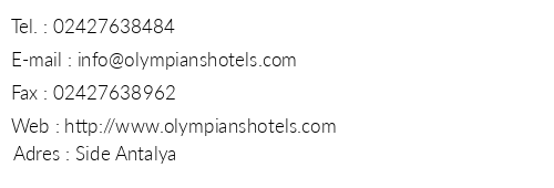 Olympians Hotels telefon numaralar, faks, e-mail, posta adresi ve iletiim bilgileri